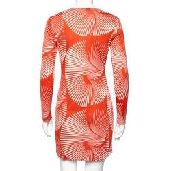 Pre Owned Diane von Furstenberg Dull Orange Printed Silk Reina Long Sleeve Dress S