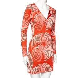 Pre Owned Diane von Furstenberg Dull Orange Printed Silk Reina Long Sleeve Dress S