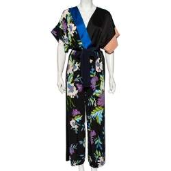 Diane von Furstenberg Black Floral Printed Silk Belted Jumpsuit M