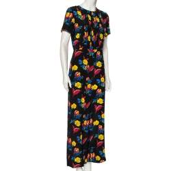 Pre Owned Diane von Furstenberg Black Floral Printed Silk Pintuck Detail Jumpsuit M