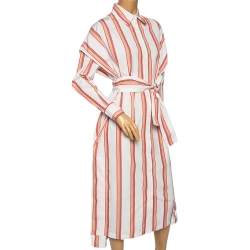 Pre Owned Diane von Furstenberg White Striped Cotton Belted Oversized Shirt Dress XS