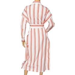 Pre Owned Diane von Furstenberg White Striped Cotton Belted Oversized Shirt Dress XS