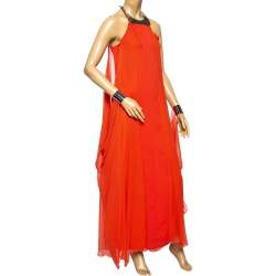 Pre Owned Diane von Furstenberg Orange Silk Chiffon Cuff Detailed Yakira Dress S