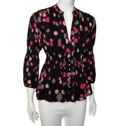 Pre Owned Diane von Furstenberg Black Polka Doted Silk Zazu Blouse S