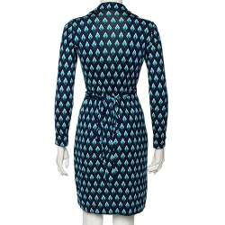 Pre Owned Diane von Furstenberg Navy Blue Diamond Patterned Silk Knit Wrap Dress S
