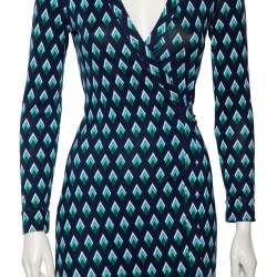 Pre Owned Diane von Furstenberg Navy Blue Diamond Patterned Silk Knit Wrap Dress S