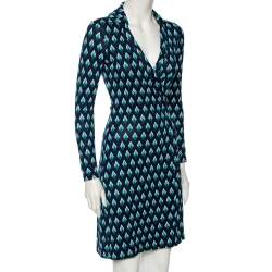 Pre Owned Diane von Furstenberg Navy Blue Diamond Patterned Silk Knit Wrap Dress S