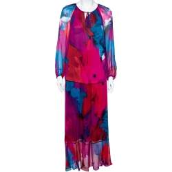 Pre Owned Diane von Furstenberg Multicolored Printed Silk Gathered Detail Saylor Blouse & Skirt Set