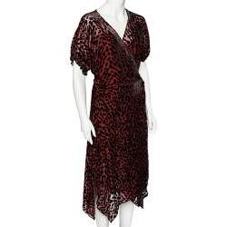 Pre Owned Diane von Furstenberg Burgundy Leopard Pattern Devore Katherine Wrap Dress L
