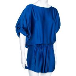 Pre Owned Diane von Furstenberg Blue Silk Ruched Handy Dress S