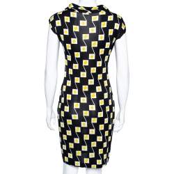 Pre Owned Diane von Furstenberg Black Geometric Printed Silk Gathered Detail Dress S