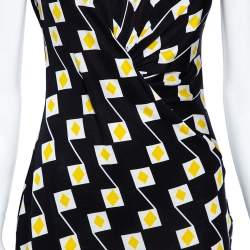 Pre Owned Diane von Furstenberg Black Geometric Printed Silk Gathered Detail Dress S
