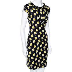 Pre Owned Diane von Furstenberg Black Geometric Printed Silk Gathered Detail Dress S