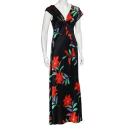 Pre Owned Diane Von Furstenberg Black Floral Printed Silk Maxi Dress M