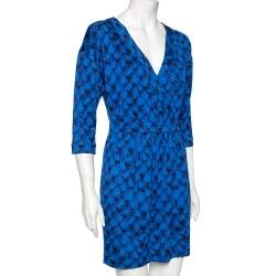 Pre Owned Diane Von Furstenberg Blue Printed Silk Knit Nollie Dress L