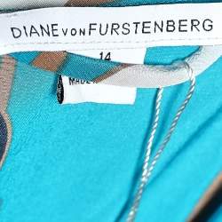 Pre Owned Diane Von Furstenberg Blue Printed Silk Dress L