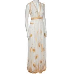 Pre Owned Diane Von Furstenberg Ivory and Gold Embroidered Tulle Vivanette Goddess Gown M