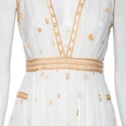 Pre Owned Diane Von Furstenberg Ivory and Gold Embroidered Tulle Vivanette Goddess Gown M
