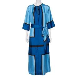 Pre Owned Diane von Furstenberg Blue Scarf Print Silk Belted Maxi Dress M