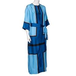 Pre Owned Diane von Furstenberg Blue Scarf Print Silk Belted Maxi Dress M