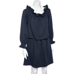 Pre Owned Diane Von Furstenberg Navy Blue Crepe Off-Shoulder Mini Dress M