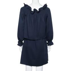 Pre Owned Diane Von Furstenberg Navy Blue Crepe Off-Shoulder Mini Dress M