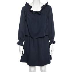 Pre Owned Diane Von Furstenberg Navy Blue Crepe Off-Shoulder Mini Dress M