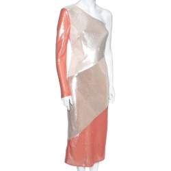 Pre Owned Diane von Furstenberg Colorblock Sequin Embellished Silk One-Shoulder Dress S