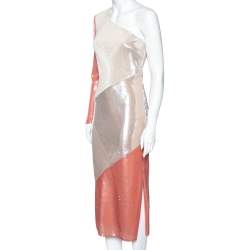 Pre Owned Diane von Furstenberg Colorblock Sequin Embellished Silk One-Shoulder Dress S