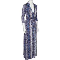 Pre Owned Diane von Furstenberg Blue Python Printed Silk Jersey Abigail Wrap Dress M