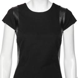 Pre Owned Diane von Furstenberg Black Knit Pele Leather Short Sleeve Dress M