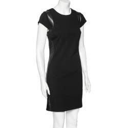 Pre Owned Diane von Furstenberg Black Knit Pele Leather Short Sleeve Dress M