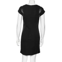 Pre Owned Diane von Furstenberg Black Knit Pele Leather Short Sleeve Dress M
