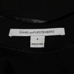 Pre Owned Diane von Furstenberg Black Knit Pele Leather Short Sleeve Dress M