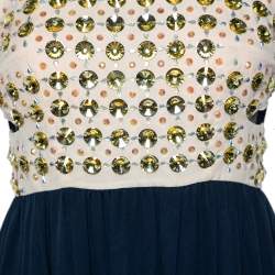 Pre Owned Diane Von Furstenberg Navy Blue & Cream Crystal Embellished Silk Gidget Dress S