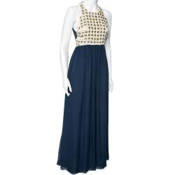 Pre Owned Diane Von Furstenberg Navy Blue & Cream Crystal Embellished Silk Gidget Dress S