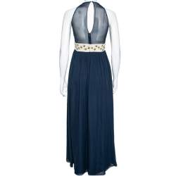 Pre Owned Diane Von Furstenberg Navy Blue & Cream Crystal Embellished Silk Gidget Dress S
