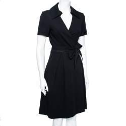 Pre Owned Diane Von Furstenberg Black Knit Hutton Short Sleeve Wrap Dress M