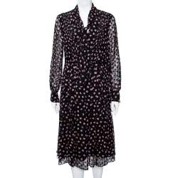 Pre Owned Diane von Furstenberg Black Printed Silk & Velvet Polka Dotted Dress M