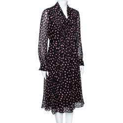 Pre Owned Diane von Furstenberg Black Printed Silk & Velvet Polka Dotted Dress M