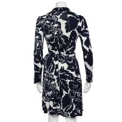Pre Owned Diane von Furstenberg Navy Blue Floral Printed Silk Knit T72 Mini Wrap Dress M