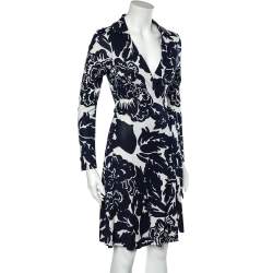 Pre Owned Diane von Furstenberg Navy Blue Floral Printed Silk Knit T72 Mini Wrap Dress M