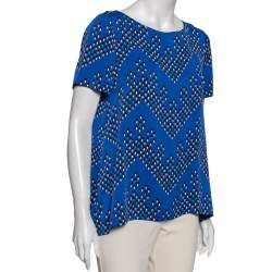 Pre Owned Diane von Furstenberg Blue Silk Maggy Chevron Dots Printed Top M