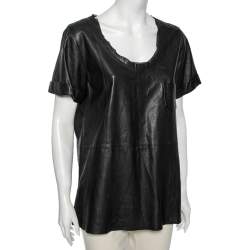 Pre Owned Diane Von Furstenberg Black Leather Jenning Short Sleeve Top M
