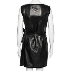 Pre Owned Diane von Furstenberg Black Leather Tie Detail Draped Della Dress L