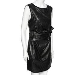Pre Owned Diane von Furstenberg Black Leather Tie Detail Draped Della Dress L