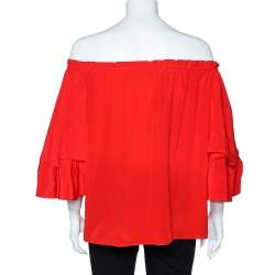 Diane von Furstenberg Red Silk Off Shoulder Ruffled Top S