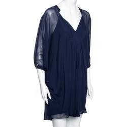 Pre Owned Diane Von Furstenberg Navy Blue Front Pleated Dolman Sleeves Mini Dress S