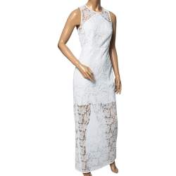Pre Owned Diane von Furstenberg White Mesh Paneled Overlay Gown Back Slit Dress S