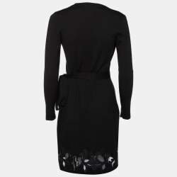 Pre Owned Diane von Furstenberg Black Wool & Lace Inset Leandra Wrap Dress P